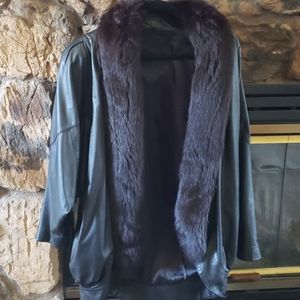 Black leather jacket with black fox fur